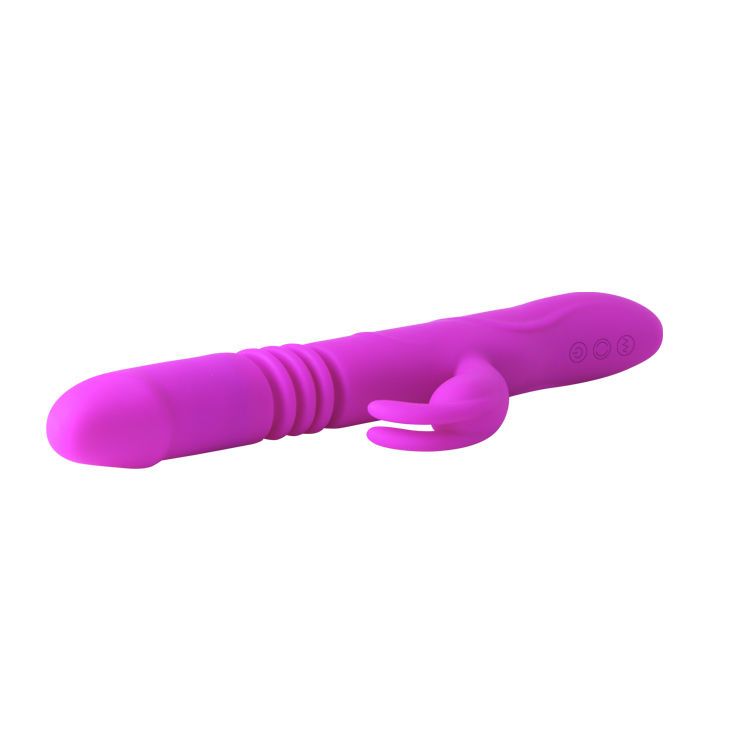Lila Vibrator mit geriffelter Oberfläche und Hasenohren-Design. Seitliche Ansicht.
