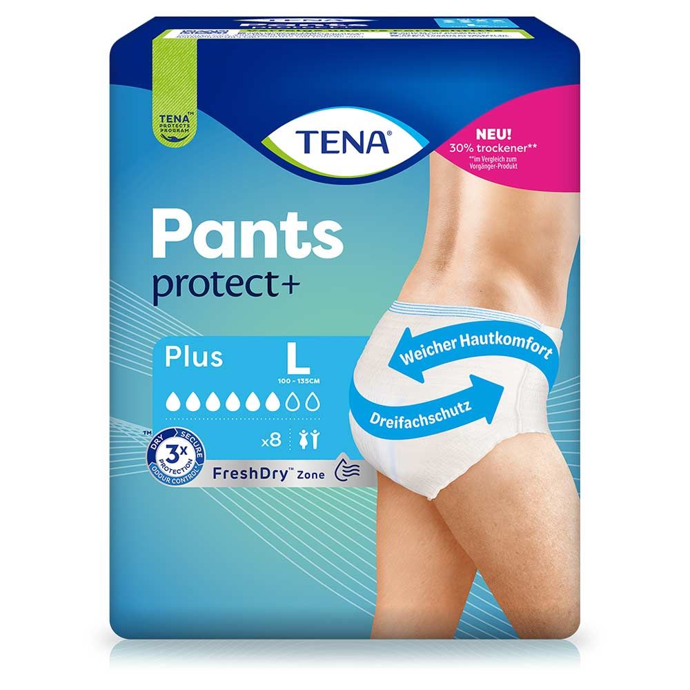 Verpackung TENA Pants protect+ Plus L. Produktabbildung mit Model. Aufdrucke: 'Weicher Hautkomfort', 'Dreifachschutz', 'FreshDry Zone'.