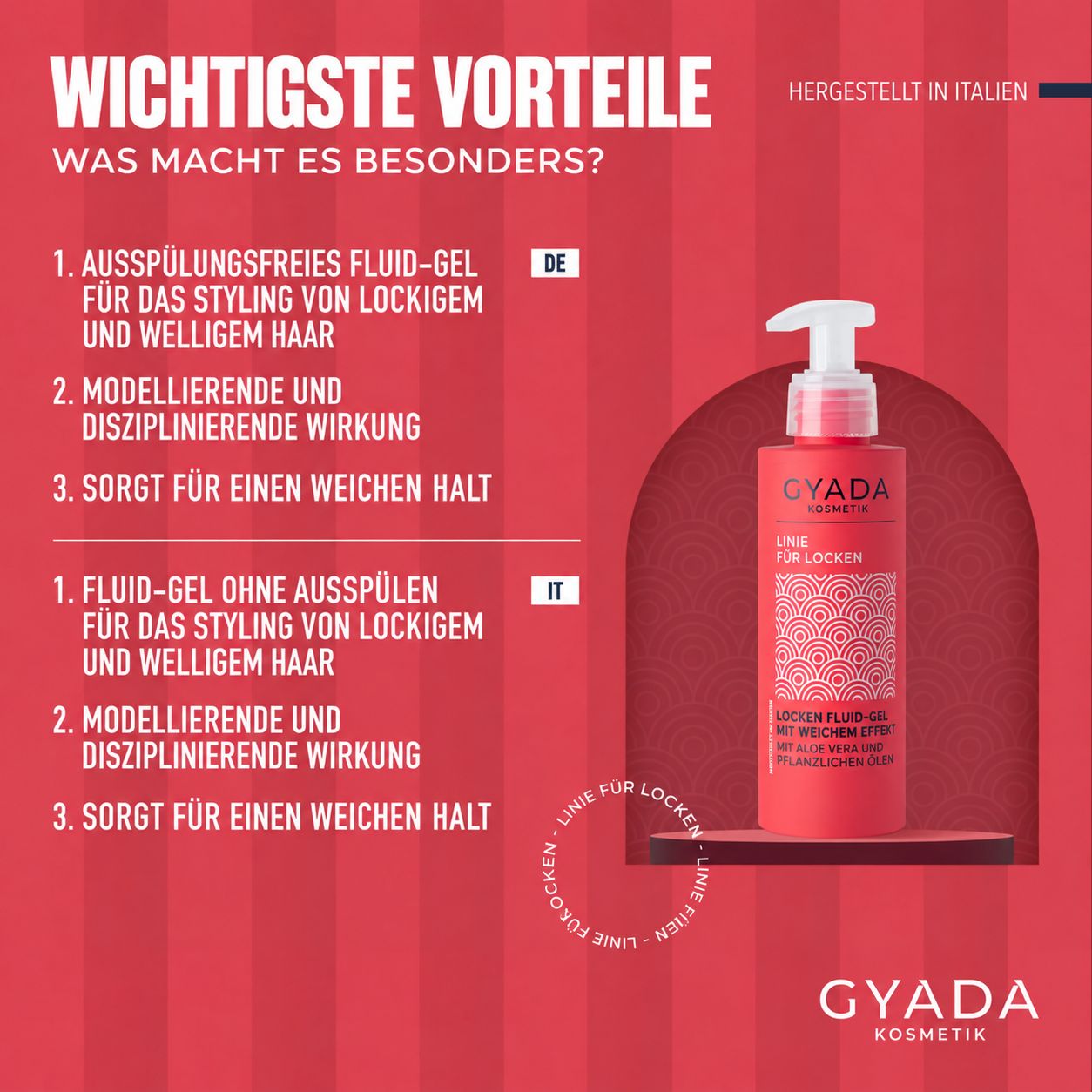 Gyada Cosmetics Locken Fluid-Gel mit Aloe Vera und Pflanzenextrakten.