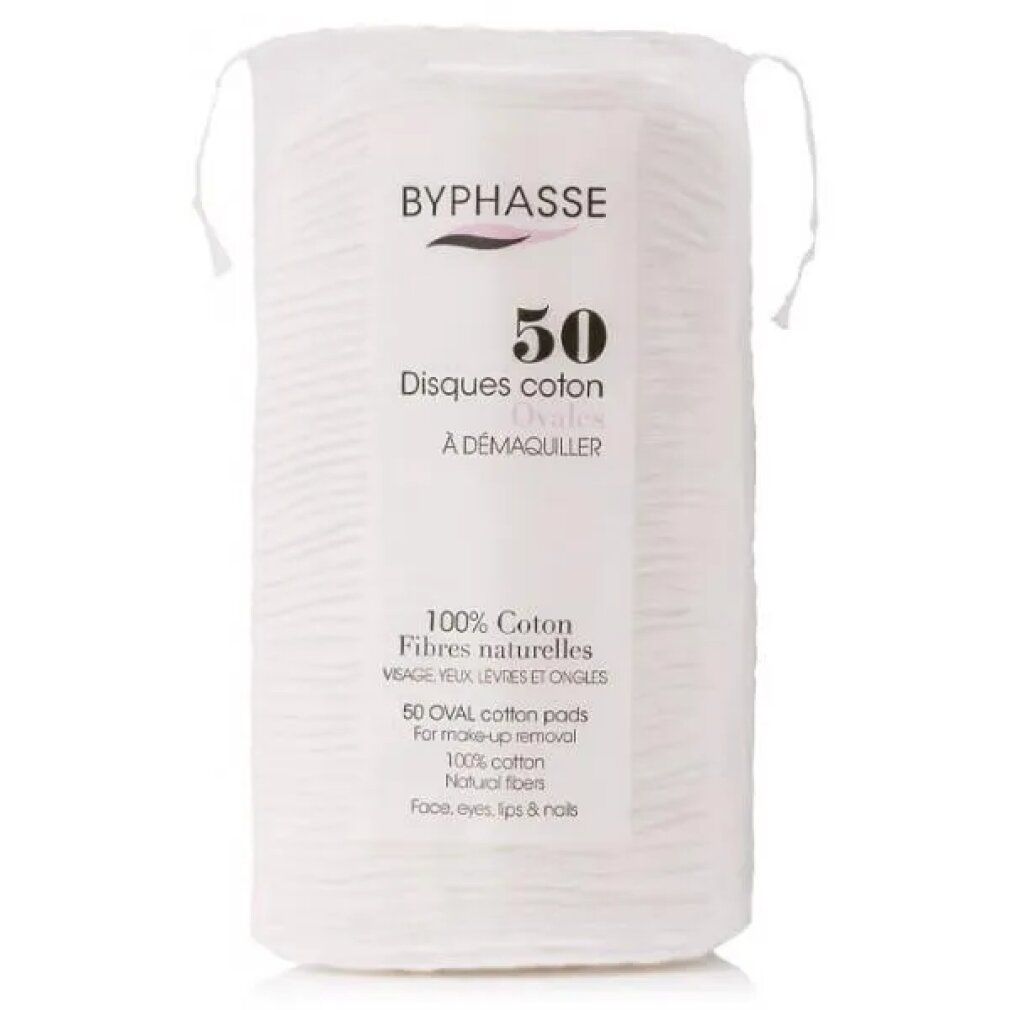 Beutel mit ovalen Wattepads. Aufdruck: BYPHASSE, 50, Disques coton, À DÉMAQUILLER, 100% Coton, Fibres naturelles. Für Gesicht, Augen, Lippen & Nägel.