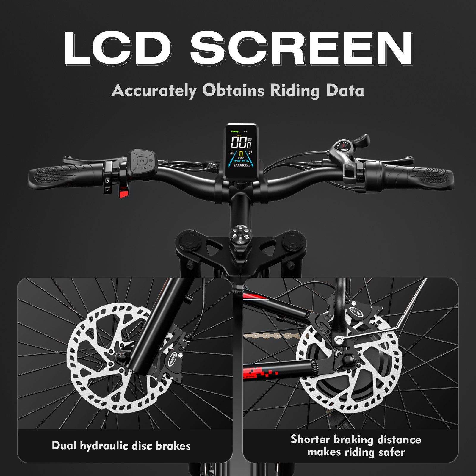 Nahaufnahme des Lenkers eines E-Bikes. LCD-Bildschirm, Bremsen, Details. Text: LCD SCREEN, Dual hydraulic disc brakes.