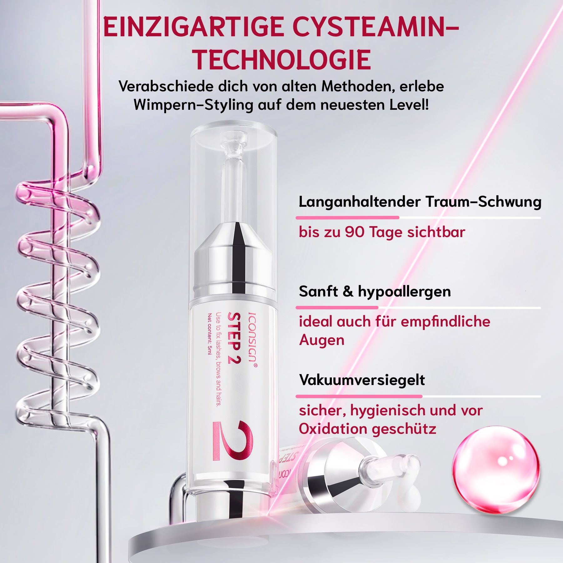 Nahaufnahme einer Flasche mit Text. Text: Step 2, Iconsign. Hintergrund mit pinken Linien und Kugeln.