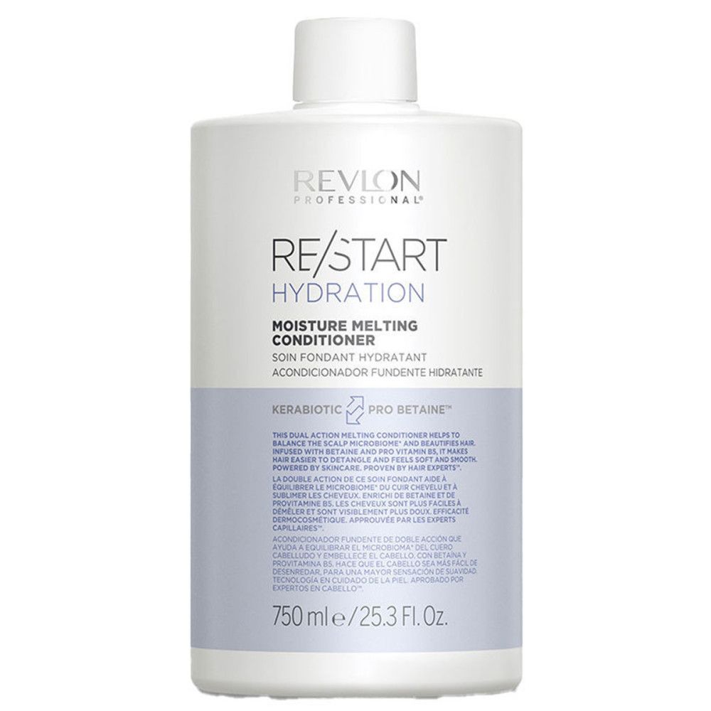 Weißer Conditioner-Behälter mit blauem Etikett. Aufschrift: Revlon Re-Start Hydration Conditioner. 750 ml.