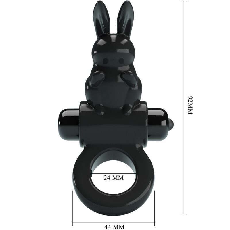 Schwarzer Penisring mit Hasen-Design. Maße: 92mm hoch, Ring 24mm breit, 44mm Durchmesser. Vibrationskopf.