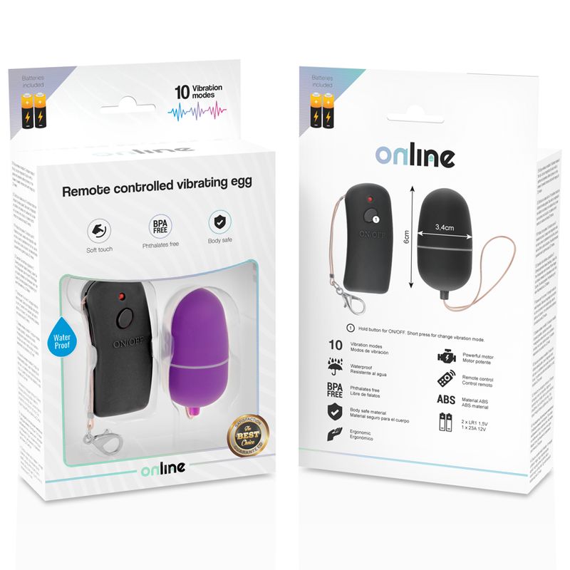 Verpackung für ein lila vibrierendes Ei mit Fernbedienung, 10 Vibrationsmodi.