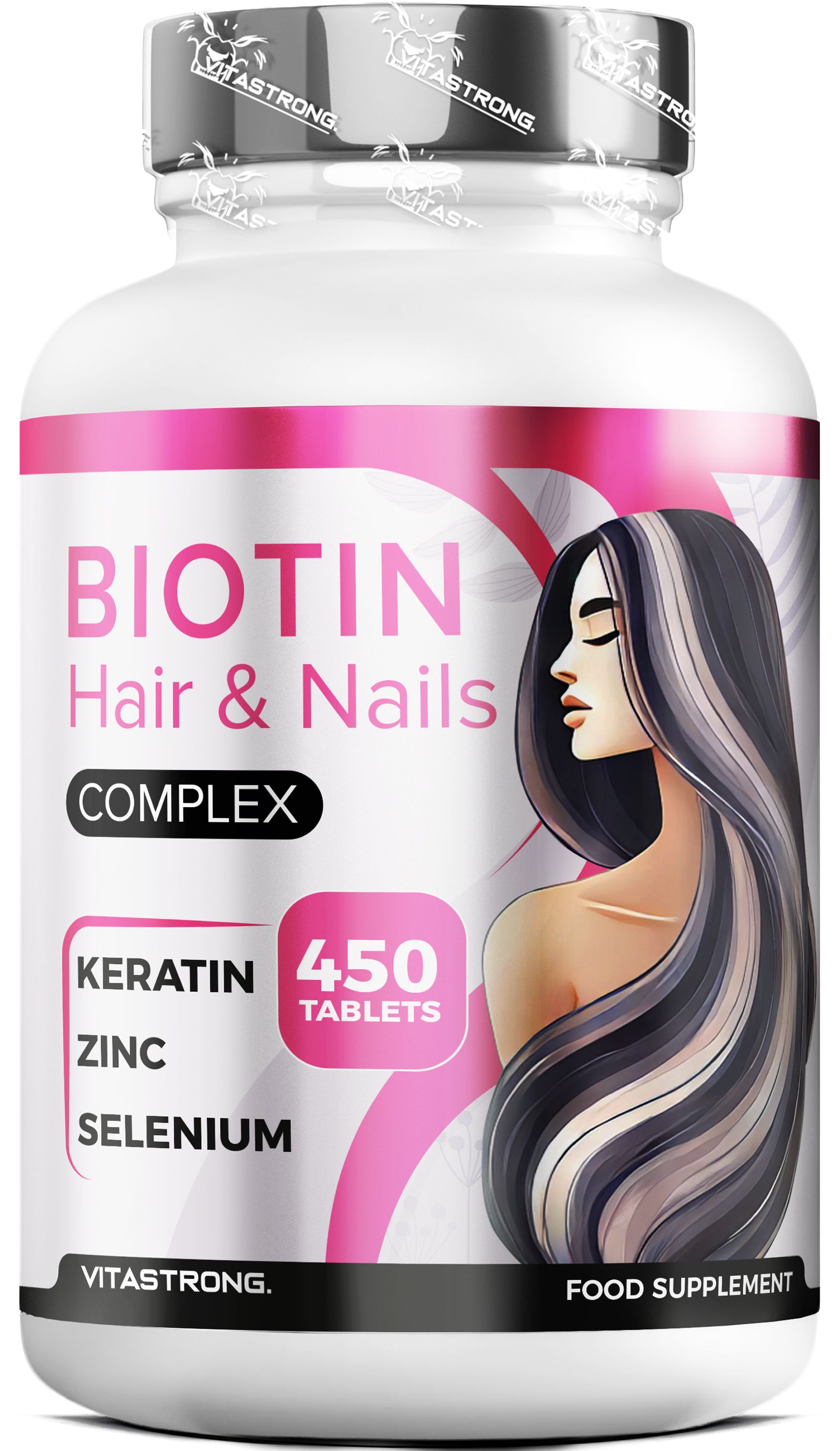 Vitastrong Biotin Komplex Flasche mit 450 Tabletten, Keratin, Zink, Selen.