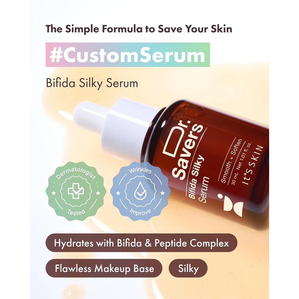 Braune Flasche mit weißem Deckel. Produktname: Dr. Savers Bifida Silky Serum. Aufschrift: 30 ml. Marke: IT'S SKIN. Mit Siegeln.