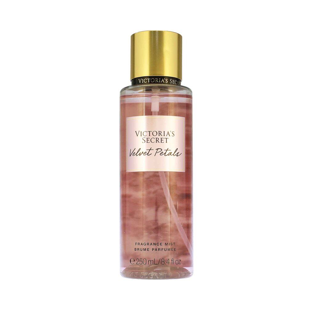 Körpernebel-Flasche, Victoria's Secret Velvet Petals, 250ml. Goldener Deckel, rosa Flüssigkeit.