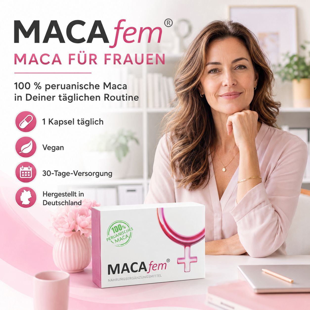 MACAfem® Maca Kapseln: 100% peruanische Maca, 1 Kapsel täglich, vegan.