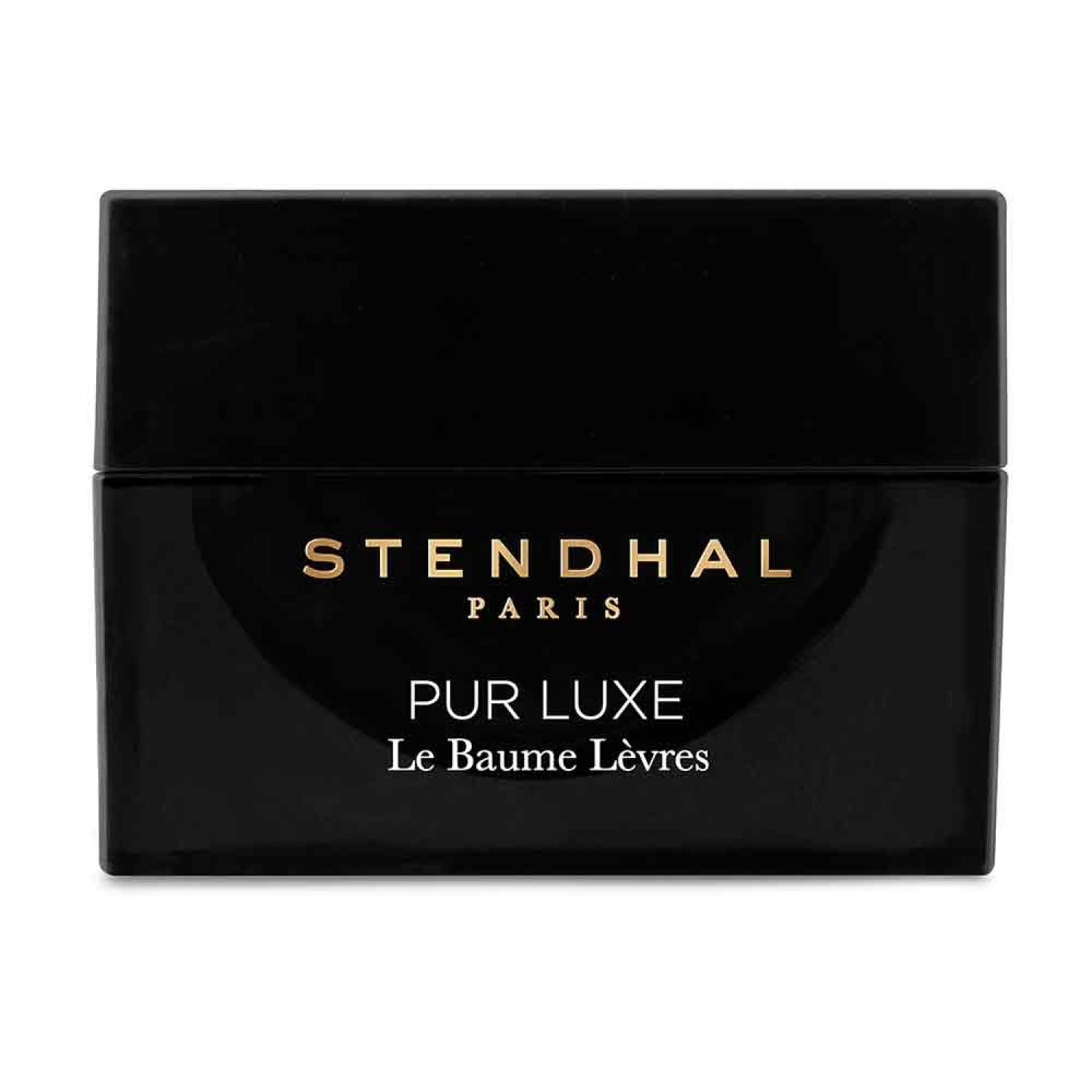 Schwarzer Tiegel mit goldfarbenem Schriftzug. Aufschrift: STENDHAL PARIS, PUR LUXE Le Baume Lèvres.