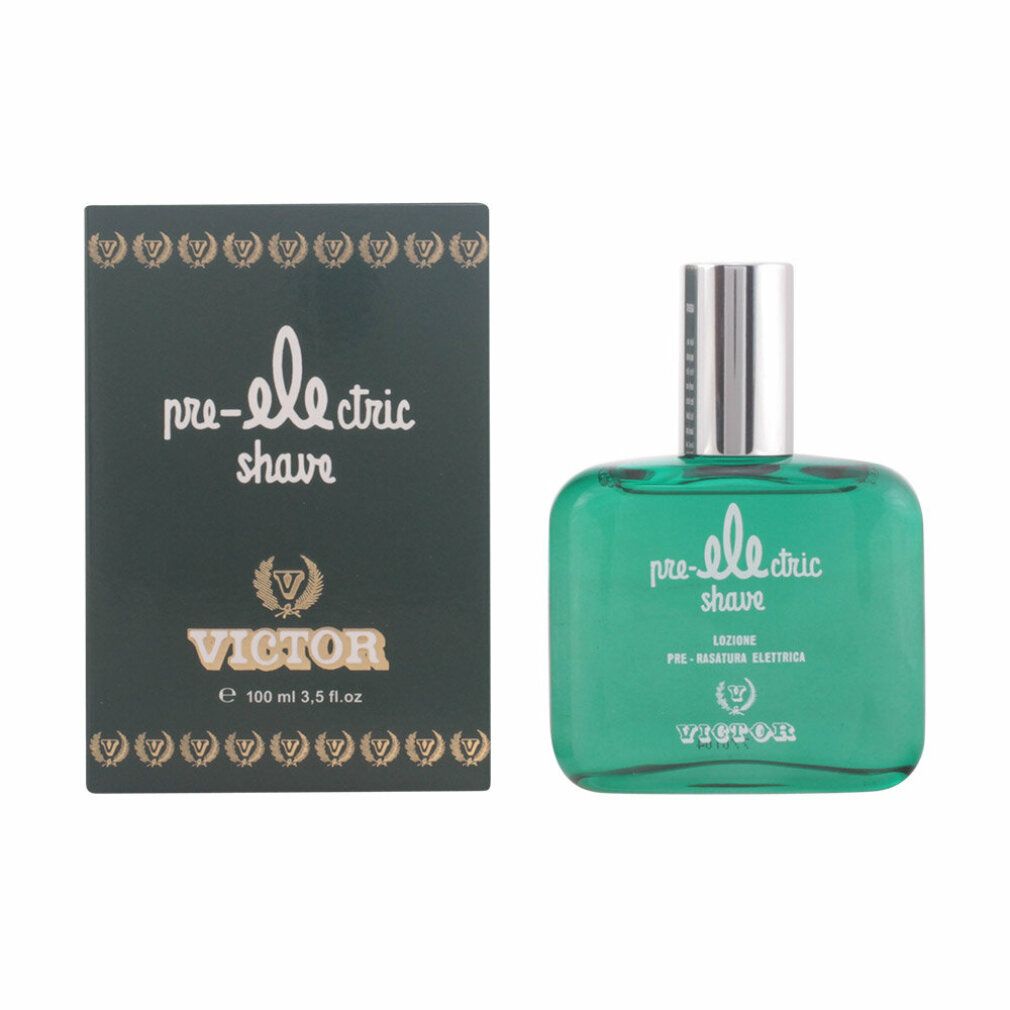 Grüne Flasche und Schachtel mit Aufschrift "pre-electric shave" und "Victor". Flasche mit silbernem Deckel. Schachtel mit goldfarbenen Verzierungen.