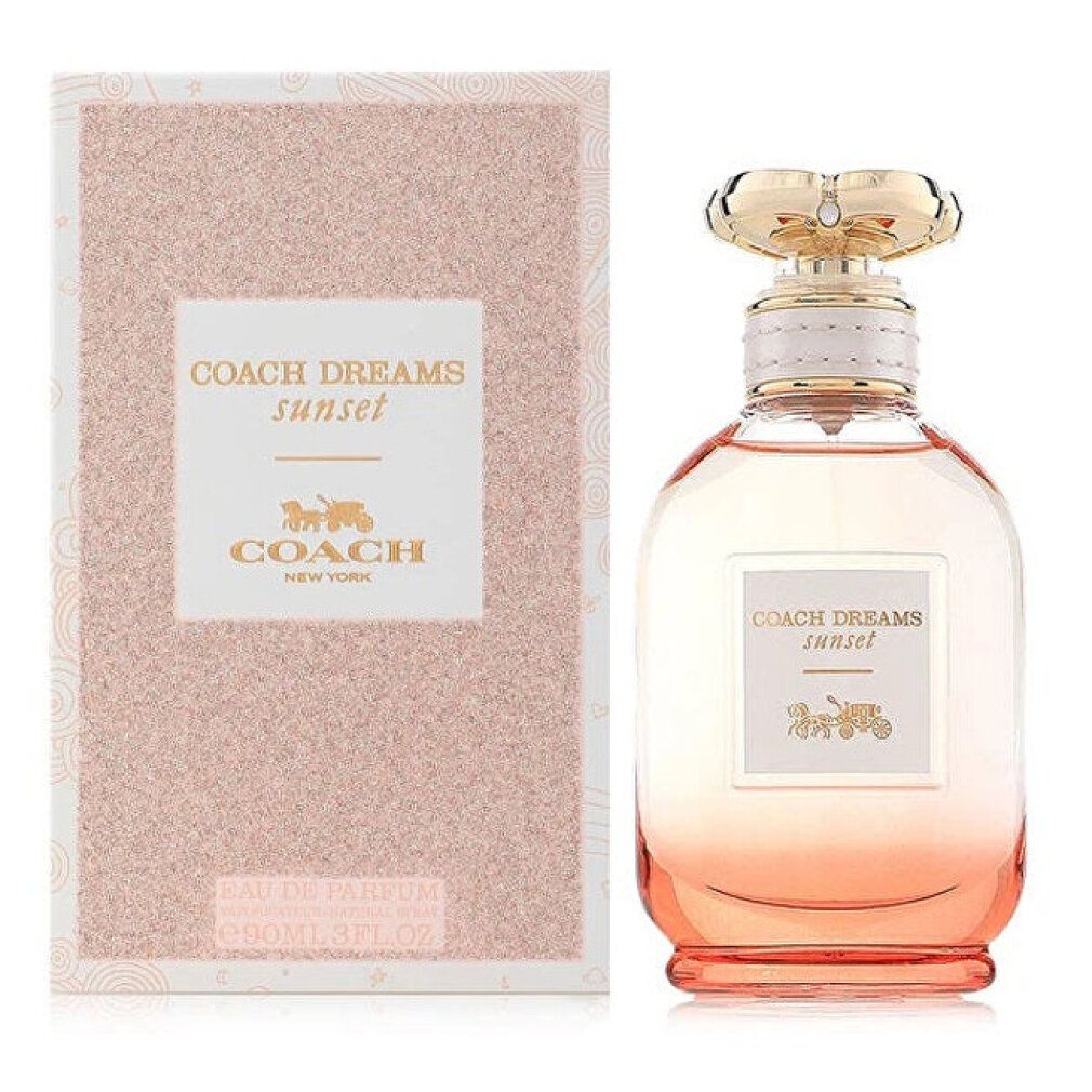 Flakon und Verpackung. Flakon rund, goldfarbener Deckel. Verpackung rosa mit Schriftzug COACH DREAMS sunset und Logo.