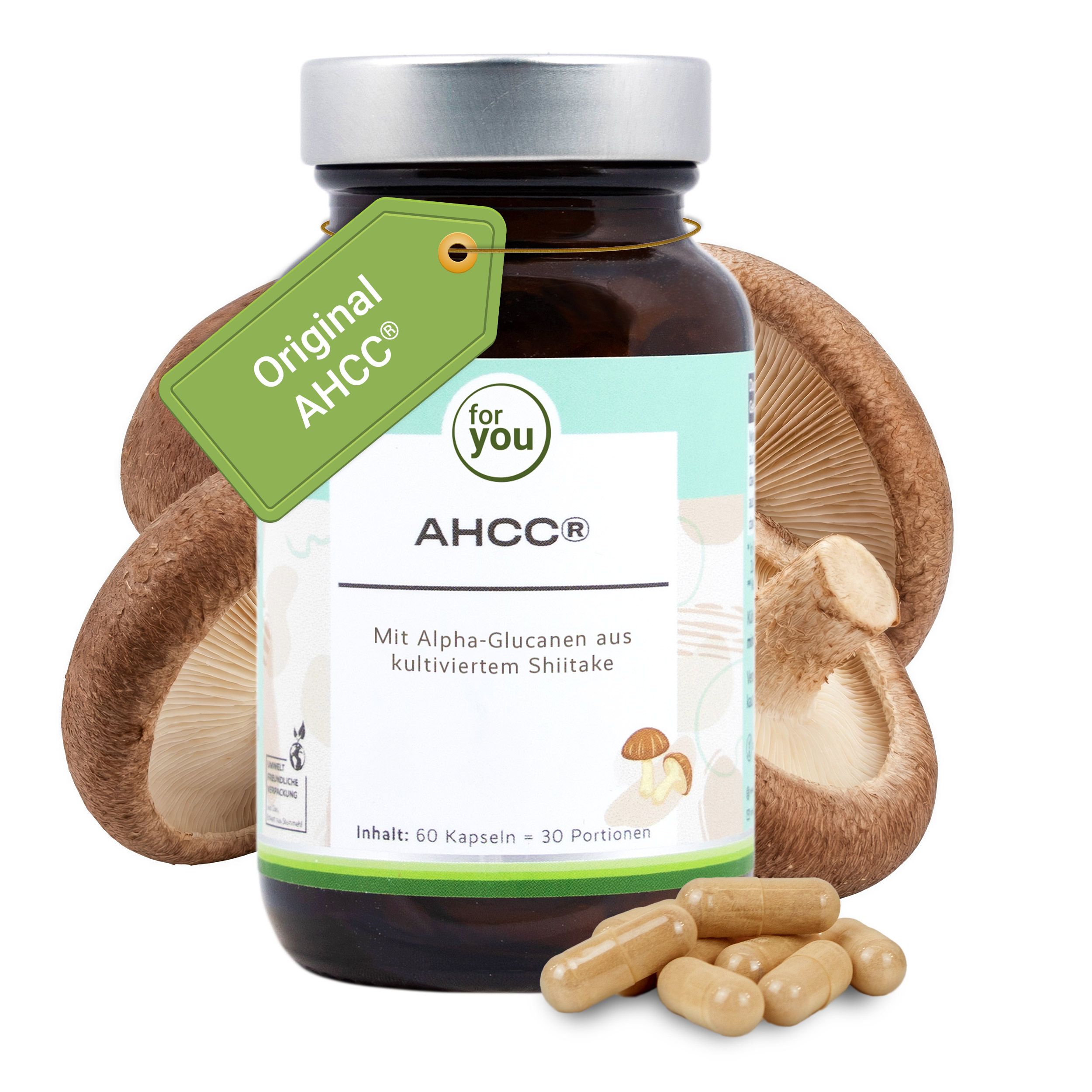Braune Glasflasche mit AHCC Kapseln und Shiitake Pilzen.
