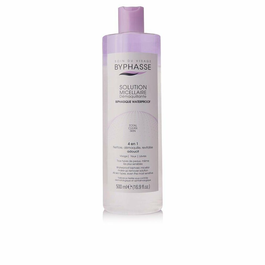 Flasche mit lila Verschluss. Aufschrift: BYPHASSE, SOLUTION MICELLAIRE, DEMAQUILLANTE, BIFASIQUE WATERPROOF. 4 en 1.