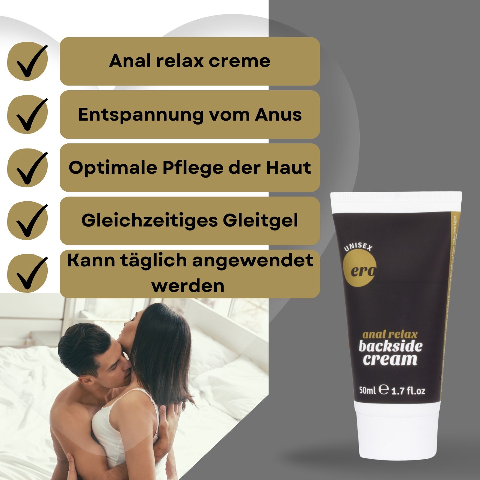 Creme-Tube und Text. Tube: schwarz, weißer Aufdruck. Text: Anal Relax Creme, Entspannung, Pflege, Gleitgel, tägliche Anwendung.