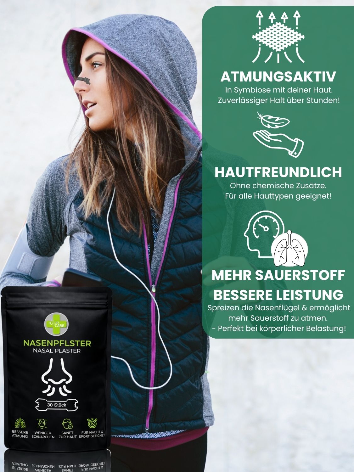Sportlerin mit Nasenpflaster: atmungsaktiv, hautfreundlich, für mehr Sauerstoff beim Sport.