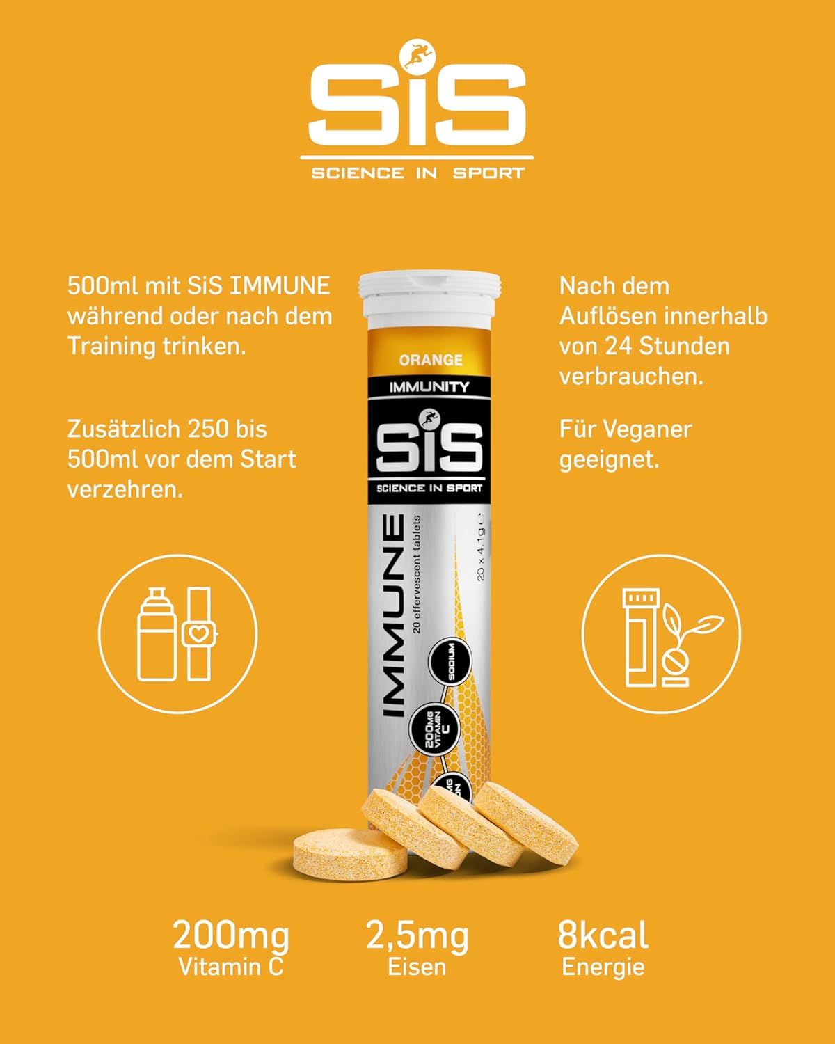 Orangefarbene Brausetabletten in einer Tube. Aufschrift: SIS IMMUNE, 20 Tabletten. Vier Tabletten liegen daneben.