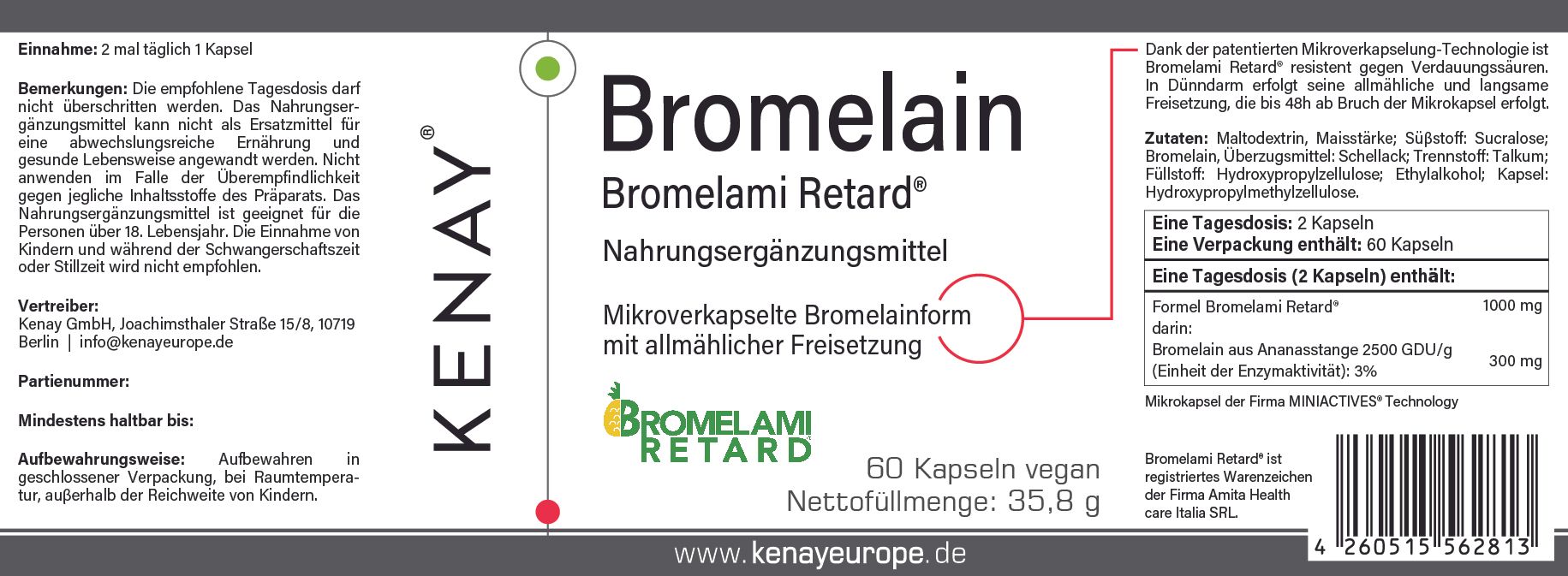 Etikett mit Produktinformationen. Schriftzug: Bromelain Bromelami Retard®, Nahrungsergänzungsmittel. Marke KENAY®. 60 Kapseln, vegan.