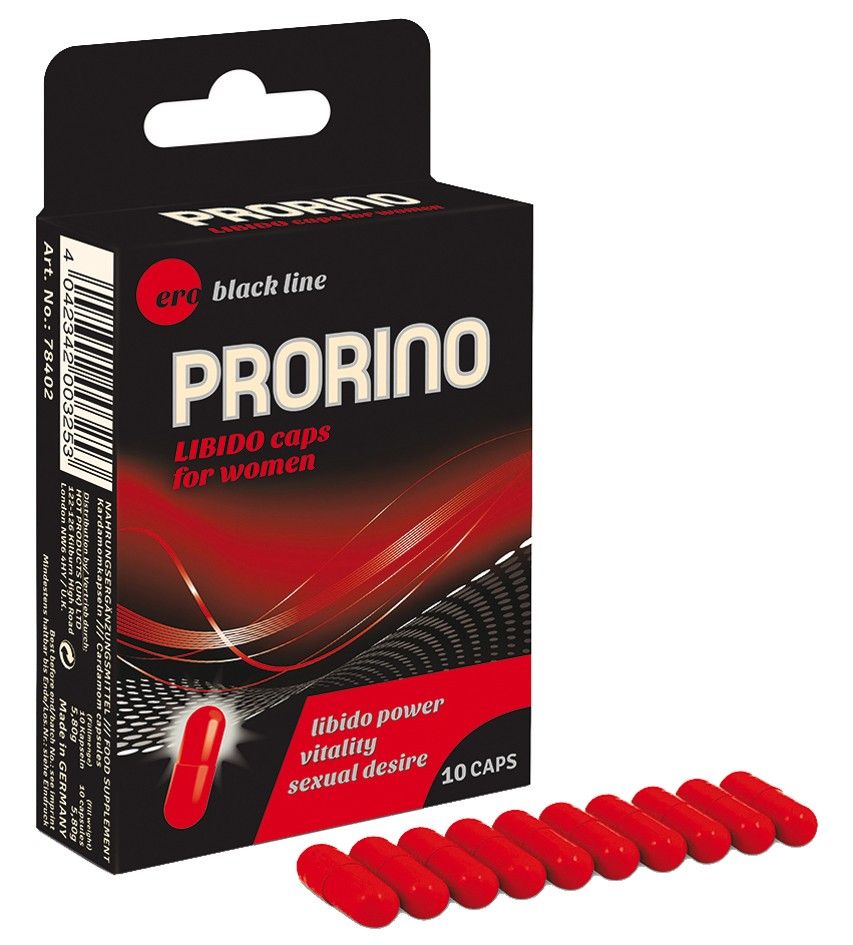 PRORINO LIBIDO caps for women-Verpackung mit 10 Kapseln. Schwarze Schachtel mit roten Kapseln daneben.