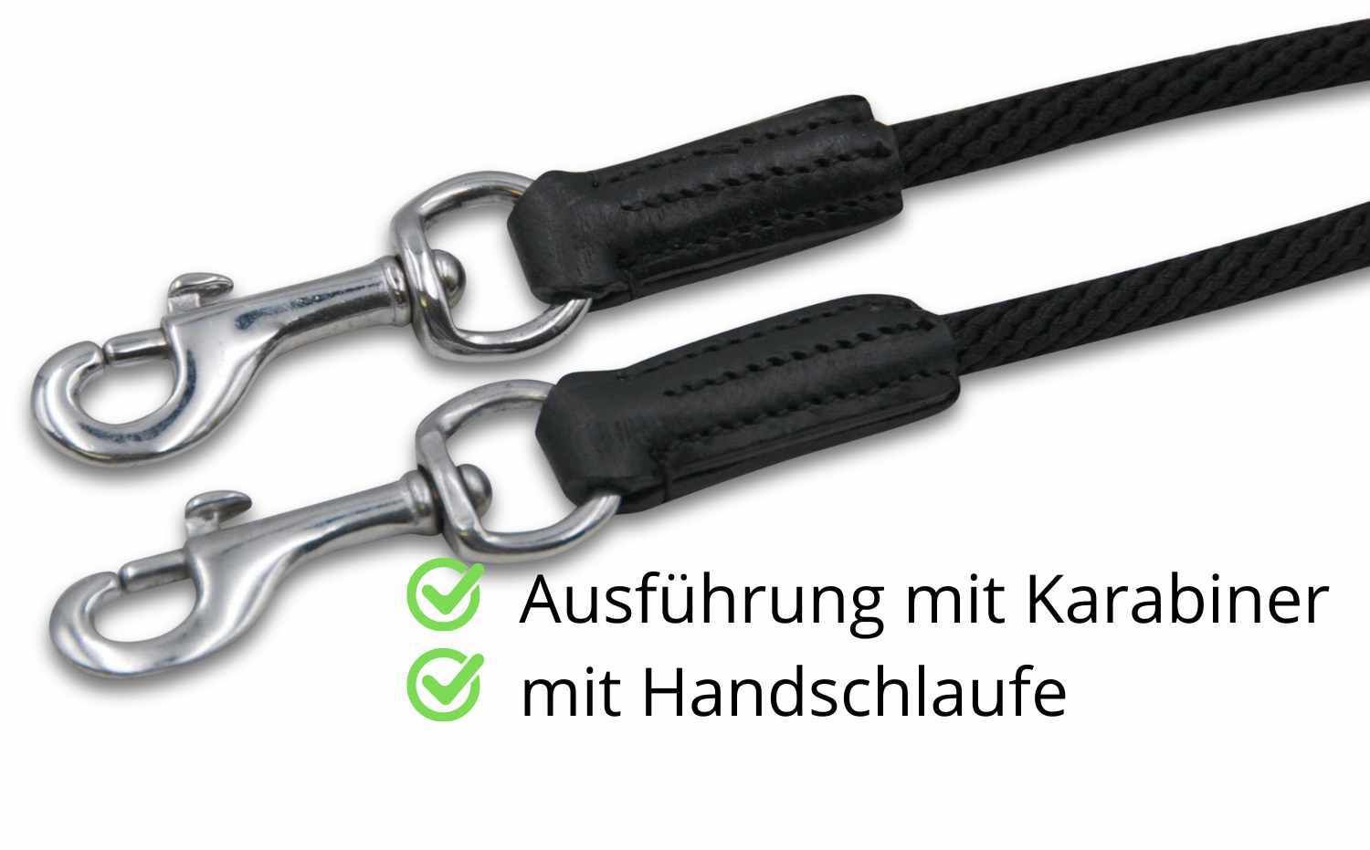 Zwei Enden einer schwarzen Doppellonge mit Karabinerhaken. Text: Ausführung mit Karabiner, mit Handschlaufe.