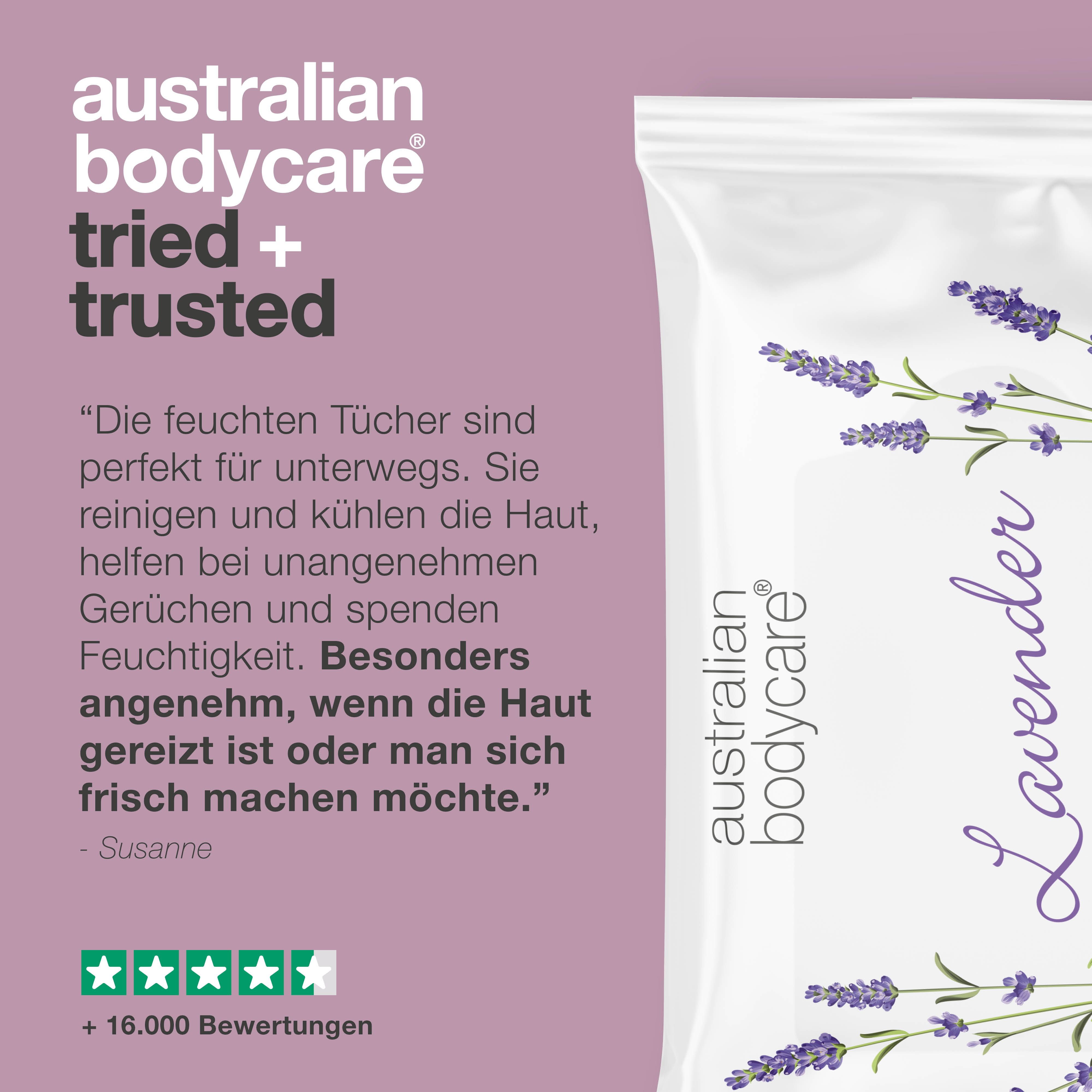 Verpackung mit Text und Illustrationen. Text: Australian Bodycare, Lavender, Wet Wipes.