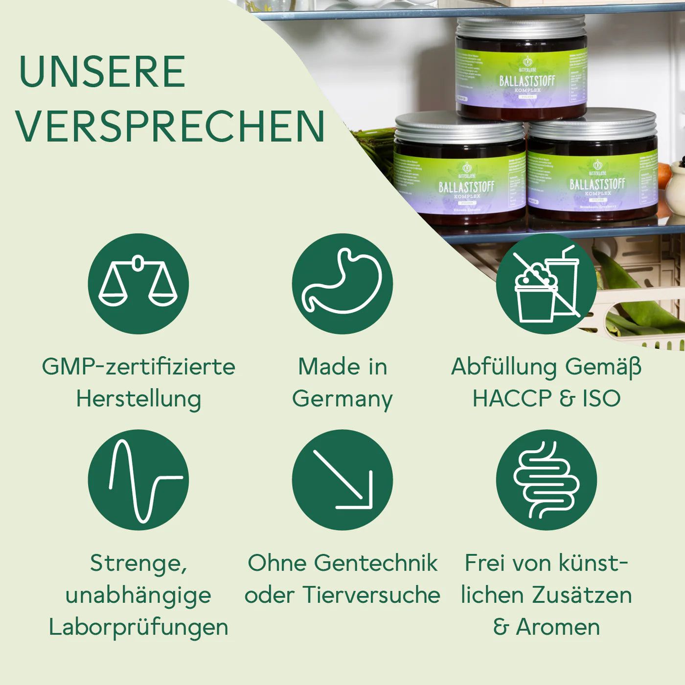 Grafik mit Logos und Text. GMP-zertifizierte Herstellung, Made in Germany, Abfüllung gemäß HACCP & ISO, etc.