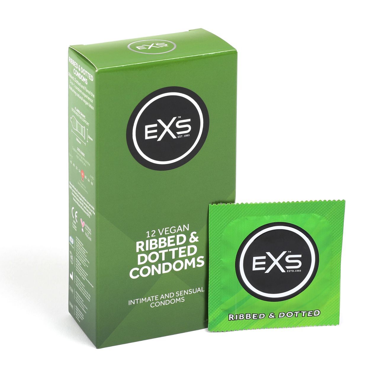 Grüne EXS Ribbed & Dotted Kondomverpackung mit Siegeln.