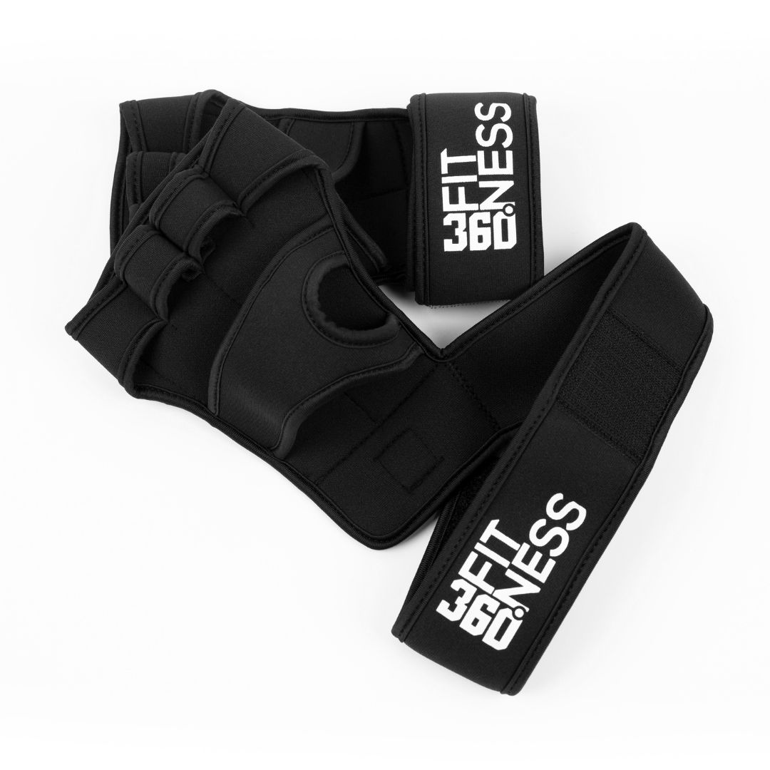 Schwarze Fitness-Handschuhe mit Handgelenkbandage. Aufgedrucktes Logo: 360 FIT NESS. Neopren-Material.