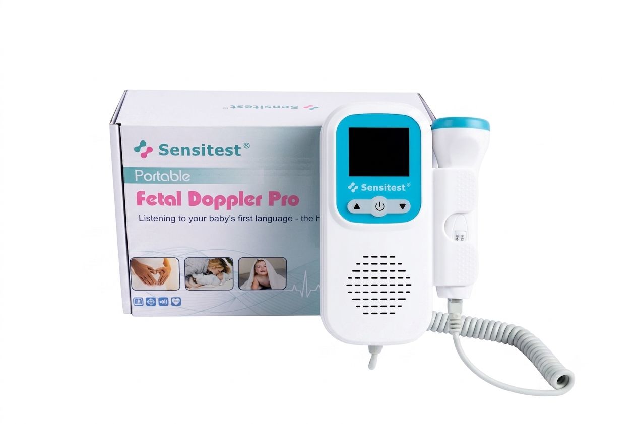 Sensitest Fetal Doppler Pro mit Display und Ultraschallsonde. Weißes Gerät mit blauen Akzenten.