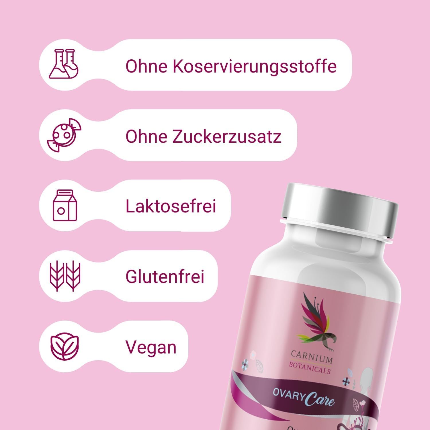 Nahaufnahme eines Pillenbehälters mit rosa Etikett. Aufschrift: CARNIUM BOTANICALS, OVARY Care. Text: Ohne Konservierungsstoffe, Zuckerzusatz, laktosefrei.