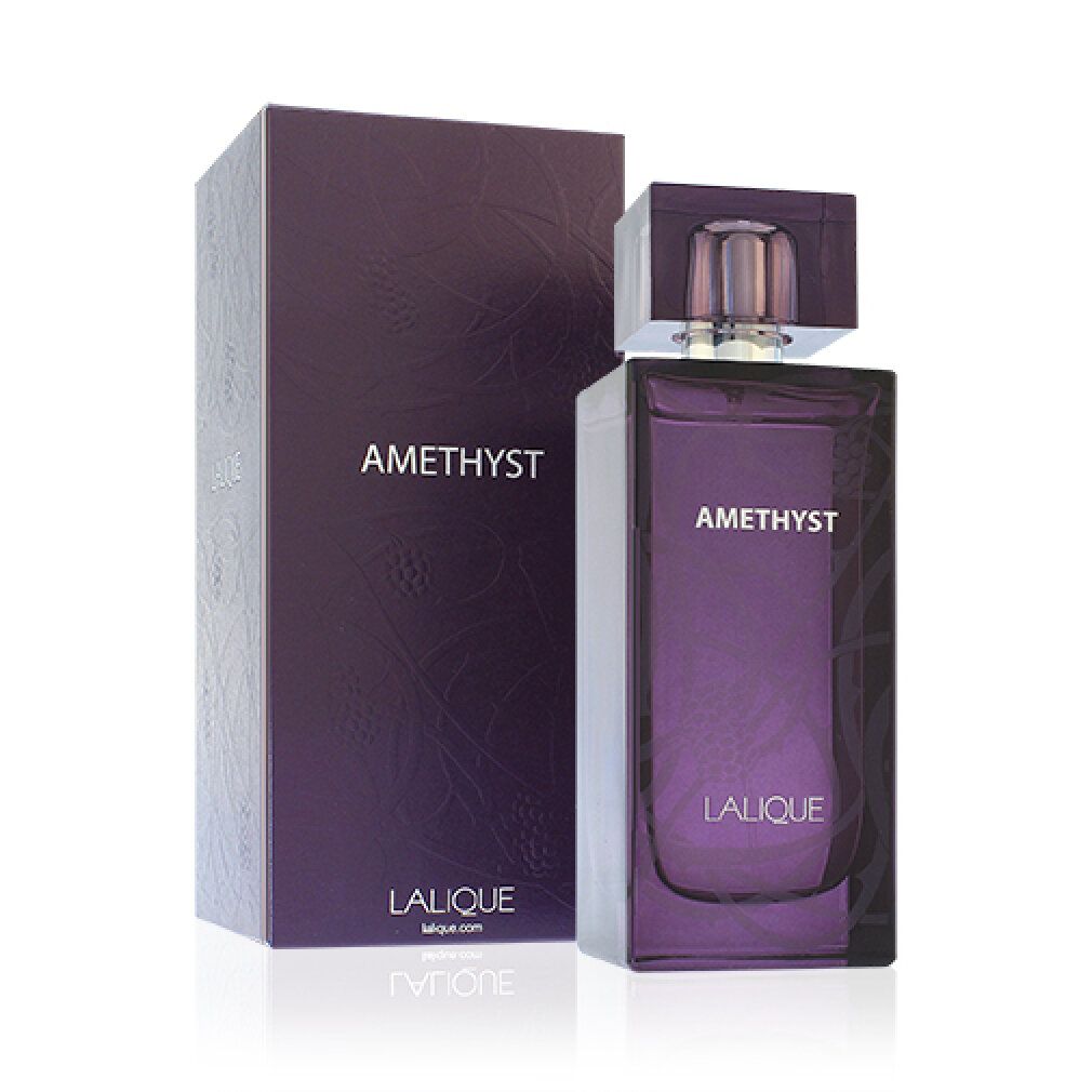 Lalique Amethyst Eau de Parfum Flakon und Verpackung. Lila Flakon mit AMETHYST. Verpackung mit AMETHYST und Lalique.