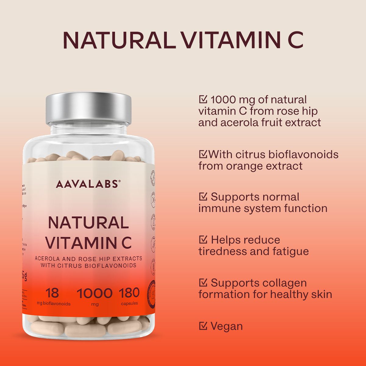 Klarflasche mit Kapseln. AAVALABS NATURAL VITAMIN C. 1000 mg Vitamin C. Unterstützt Immunsystem, reduziert Müdigkeit.