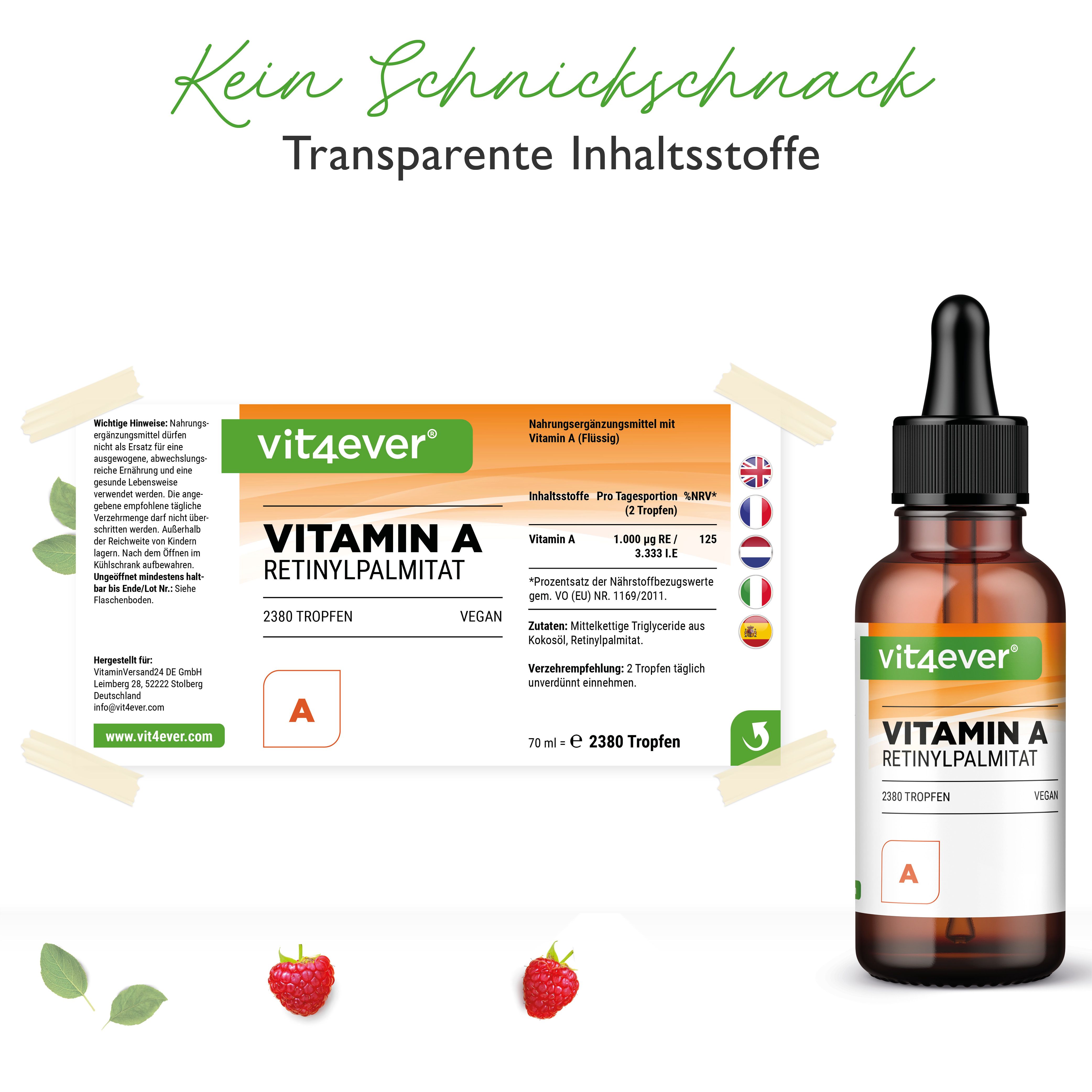 Produkt mit Etikett und Flasche. Etikett mit "vit4ever", "Vitamin A Retinylpalmitat", 2380 Tropfen, vegan. Flasche mit Tropfer.