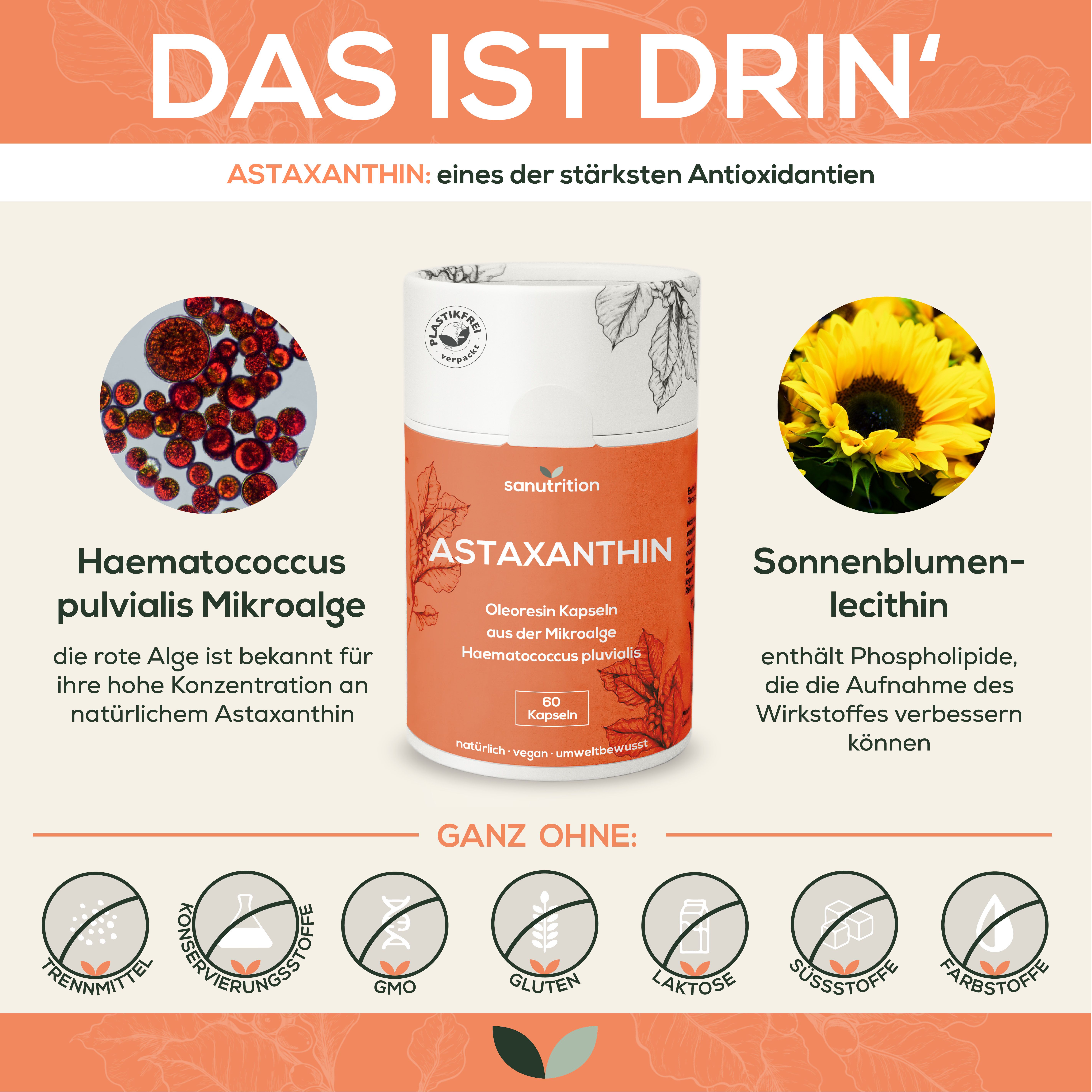 Infografik: Astaxanthin-Kapseln, Mikroalgen, Sonnenblumenlecithin. Ohne Zusatzstoffe. 60 Kapseln. Produktabbildung.