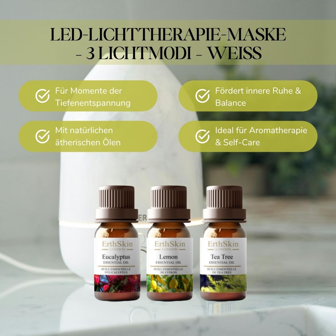 Drei Flaschen ätherischer Öle vor einem weißen Diffusor. Produktname und Logo auf den Flaschen.