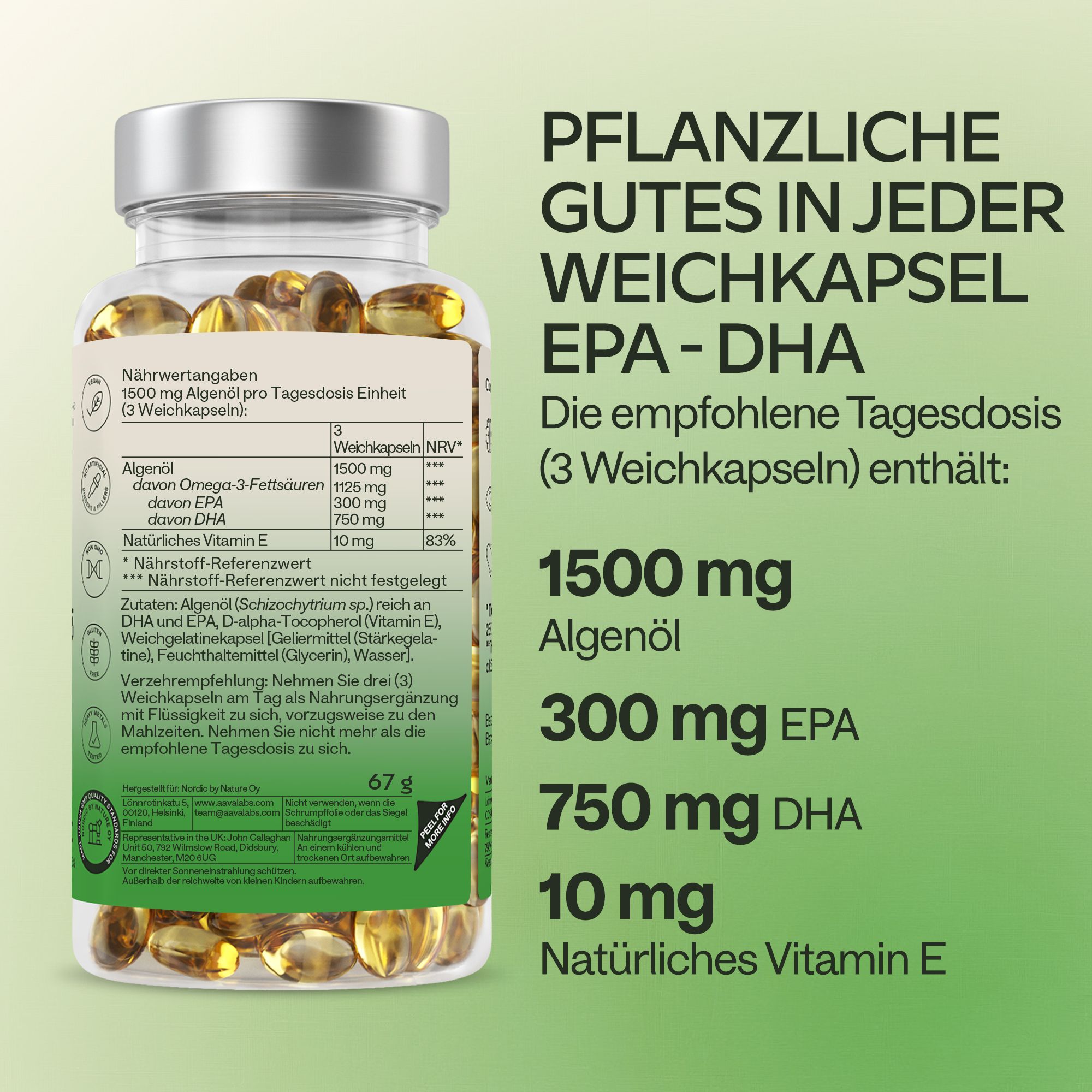 Text mit Informationen über Omega-3-Kapseln. Enthält Informationen über EPA, DHA und Vitamin E.