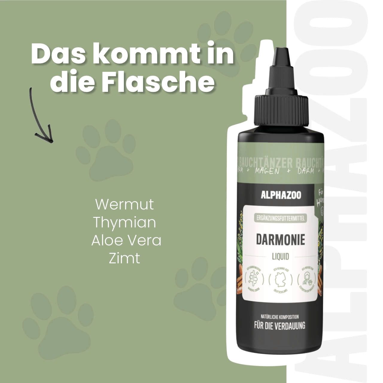 ALPHAZOO Liquid-Flasche. Text: Darmonie Liquid. Inhaltsstoffe: Wermut, Thymian, Aloe Vera, Zimt. Pfotenabdrücke im Hintergrund.