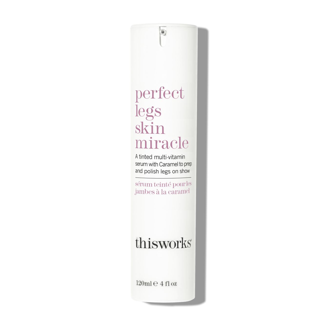 Zylindrische Flasche mit Produktaufschrift: perfect legs skin miracle. Marke: thisworks. Volumen: 120ml.