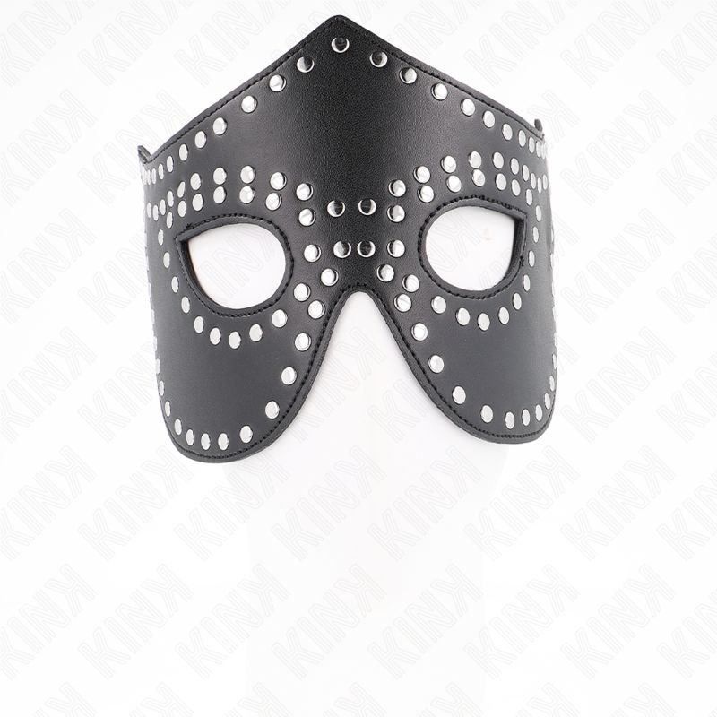Schwarze Kunstledermaske mit Nieten. Augenöffnungen, Nietenbesatz. Draufsicht.
