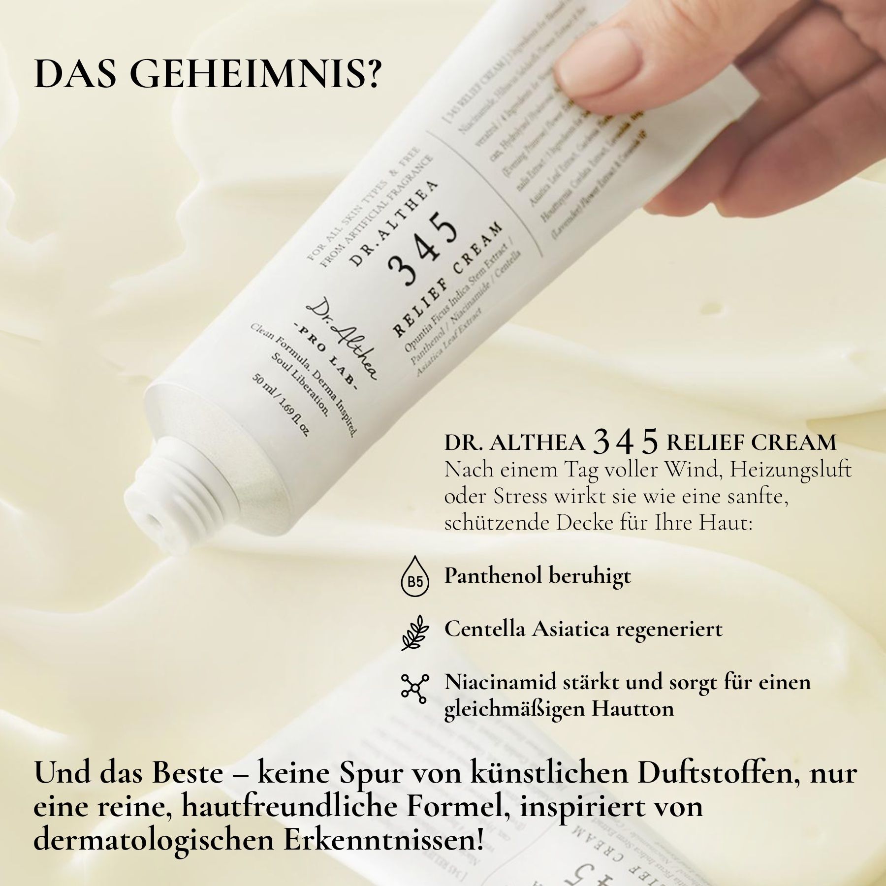 Nahaufnahme einer Tube Dr. Althea 345 Relief Cream. Text: Pantenol beruhigt, Centella Asiatica regeneriert, Niacinamid stärkt.