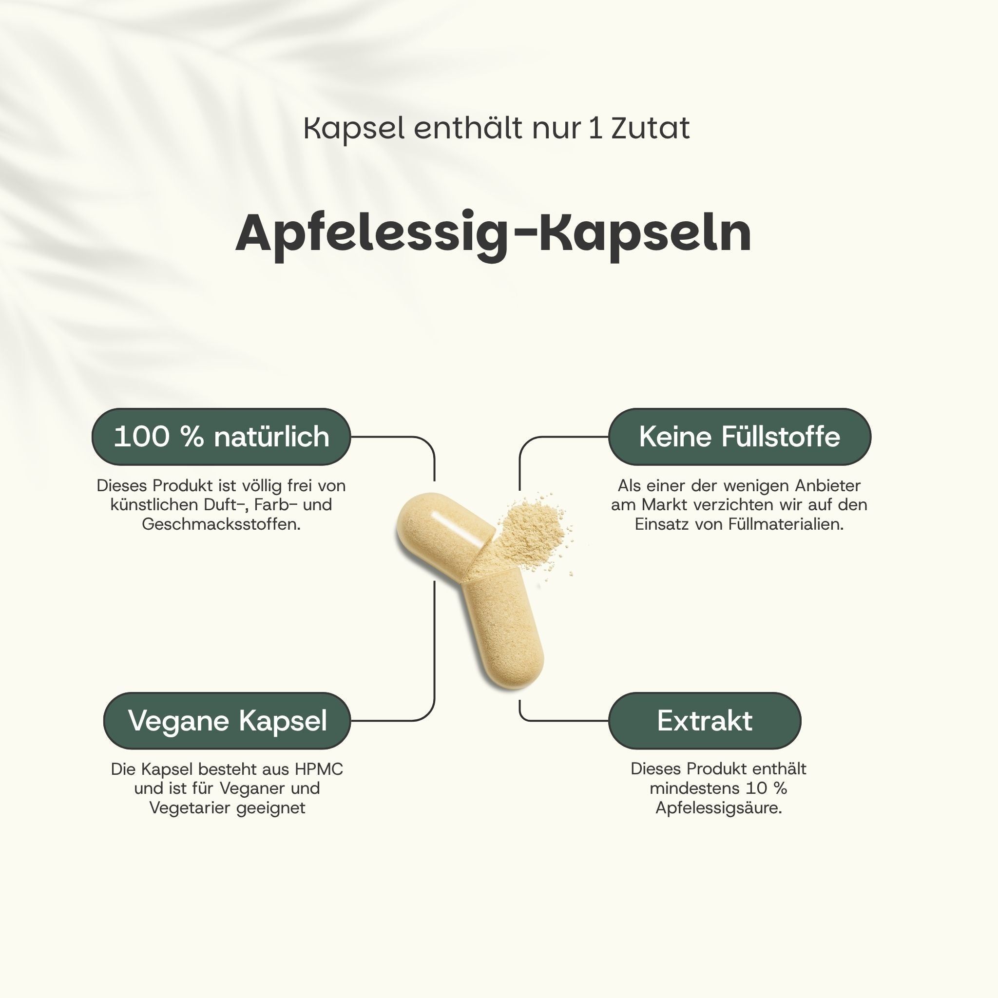 Kapsel mit Pulver. Text: Apfelessig-Kapseln. 100% natürlich, keine Füllstoffe, vegane Kapsel, Extrakt.