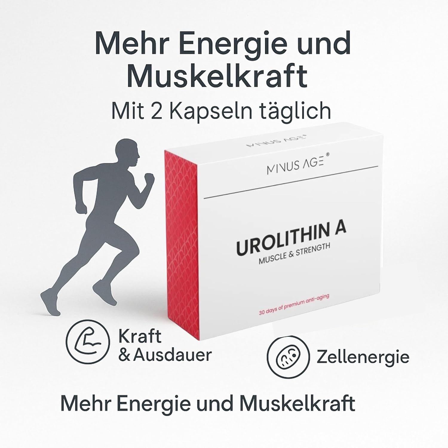 Weißer Karton mit roter Seite. Aufschrift: Urolithin A, Muscle & Strength. Silhouette eines Läufers. Text: Mehr Energie und Muskelkraft. Mit 2 Kapseln täglich.