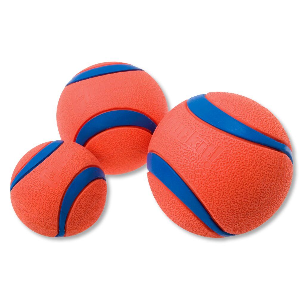 Drei orangefarbene Hunde-Spielbälle mit blauen Streifen in verschiedenen Größen.