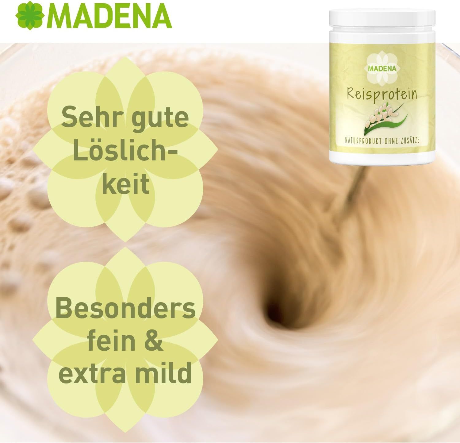 Wirbelnde Flüssigkeit, Dose mit Produktnamen. Textblasen: Sehr gute Löslichkeit, besonders fein & extra mild.