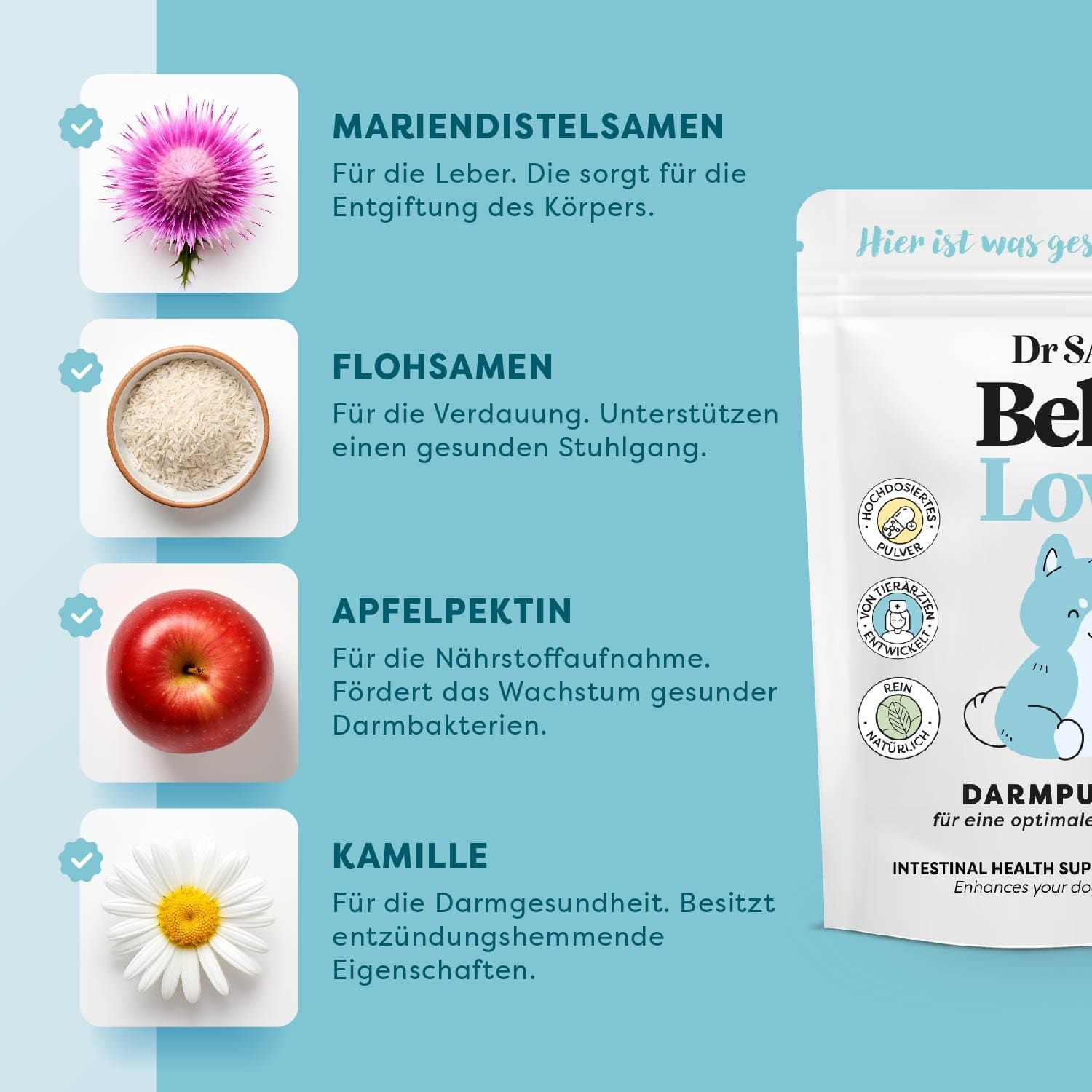 Dr. SAM BellyLove Dog - Hochdosiertes Darmpulver. Bringt Magen und Darm in Balance