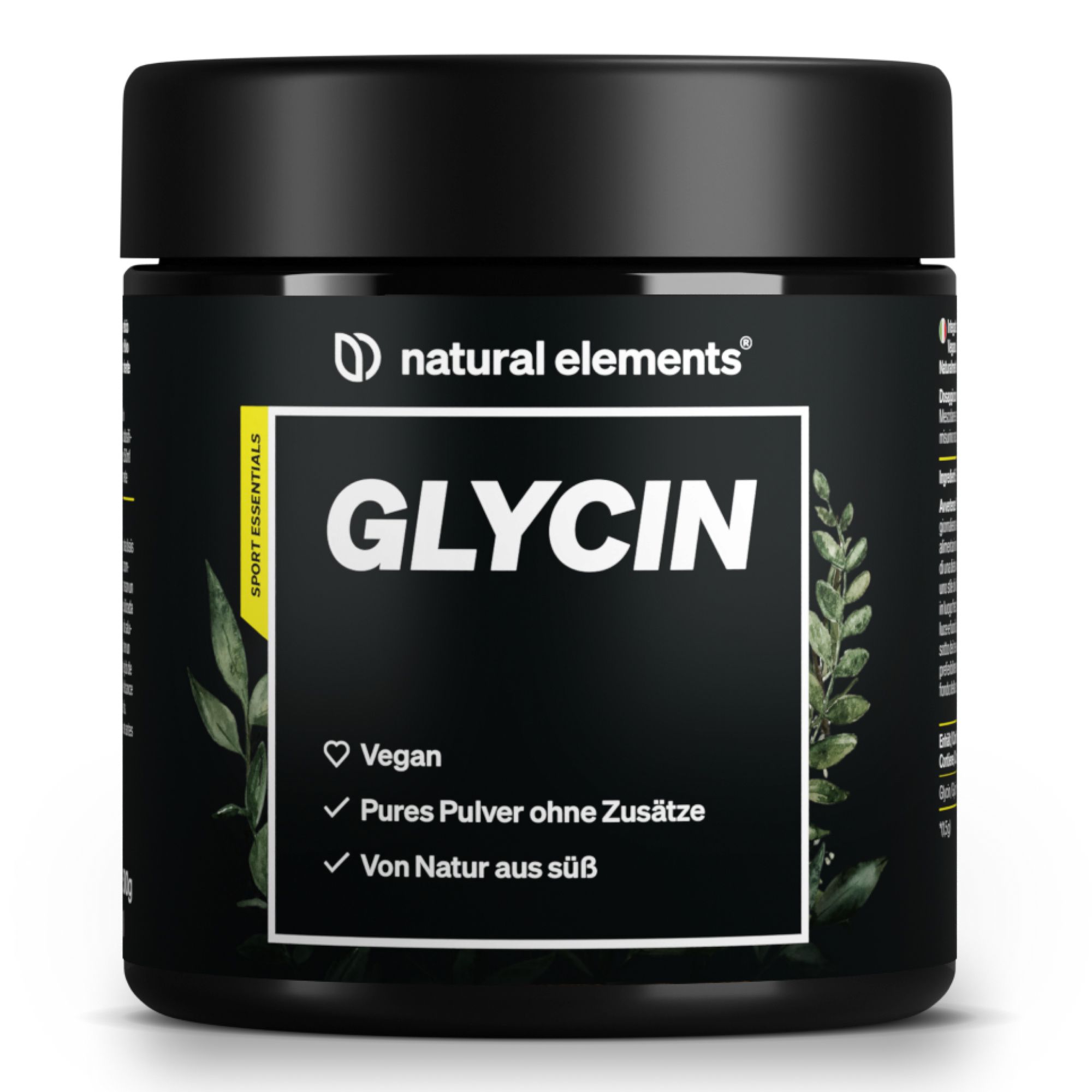 Schwarze Dose mit weißem Etikett. Aufschrift: GLYCIN, Vegan, Pures Pulver, von Natur aus süß.