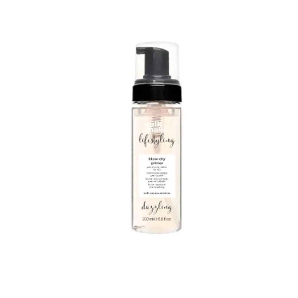 Transparente Flasche mit schwarzem Pumpkopf. Beschriftung: Lifestyling, Blow dry primer, Dazzling. 200ml.