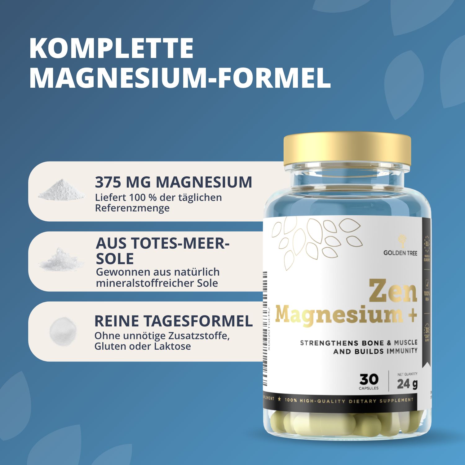 Flasche Golden Tree Zen Magnesium+ neben Infografiken über Magnesiumgehalt und Inhaltsstoffe.