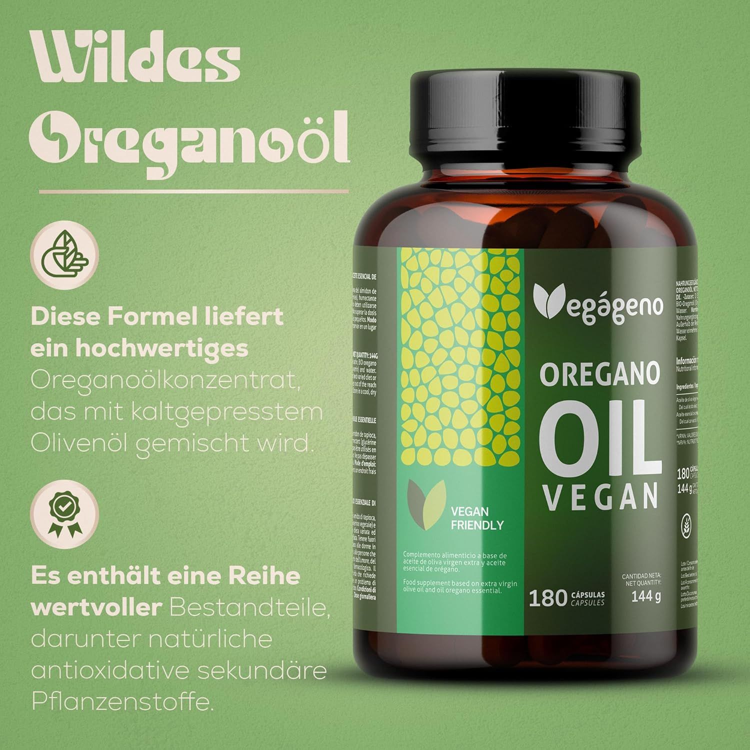 Braune Flasche mit grünem Etikett. Text: Oregano Oil Vegan. 180 Kapseln. Vegan Friendly. Wildes Oreganoöl.
