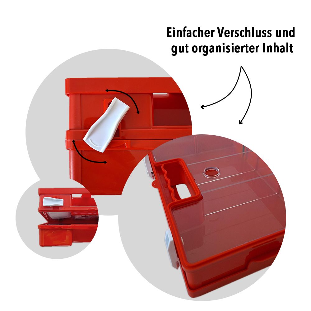 Detailansichten des roten Erste-Hilfe-Kastens: Verschluss, Griff und Innenraum.